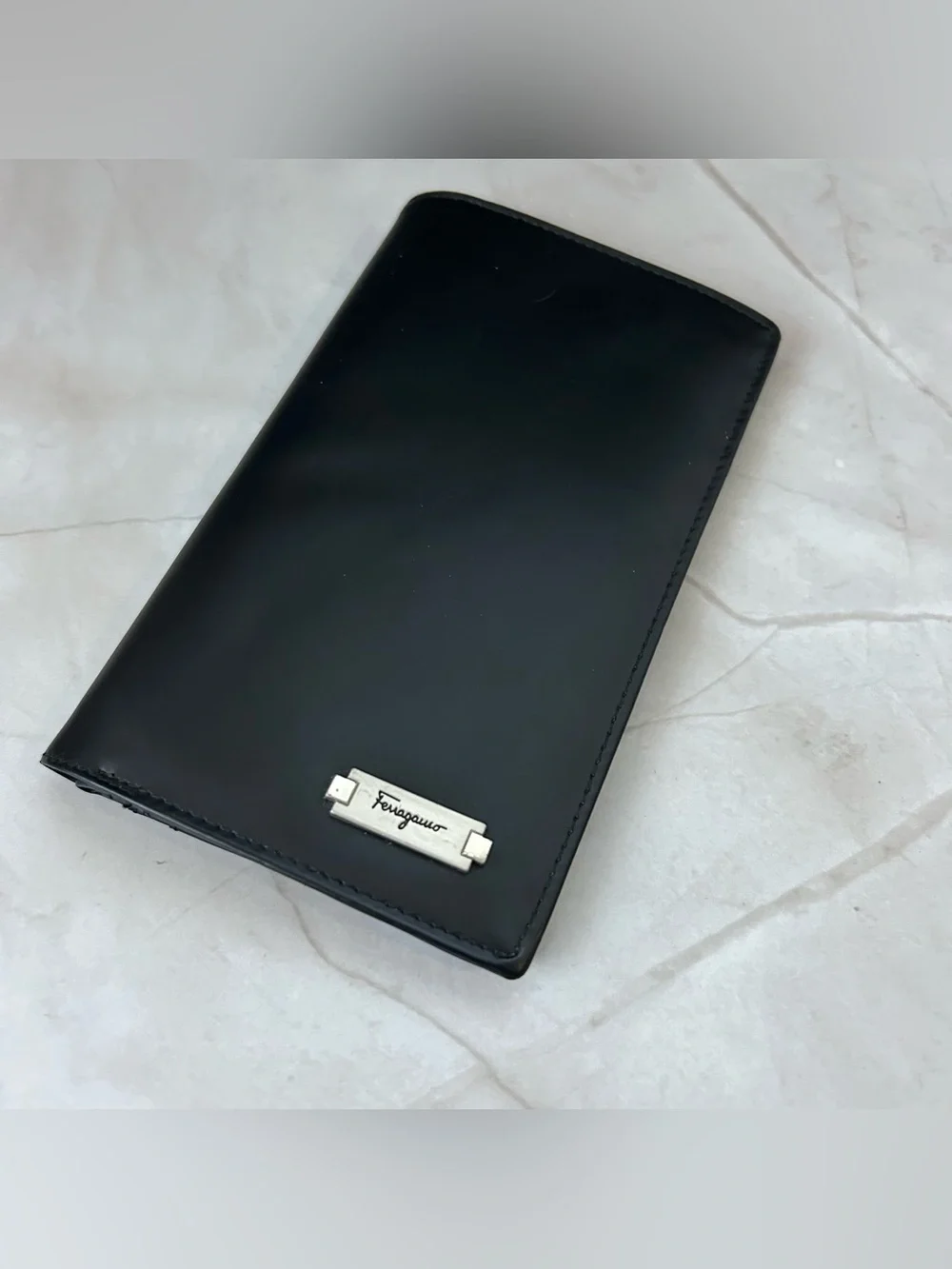 Salvatore Ferragamo Black Leather Card & Key Holder with Silver Plaque